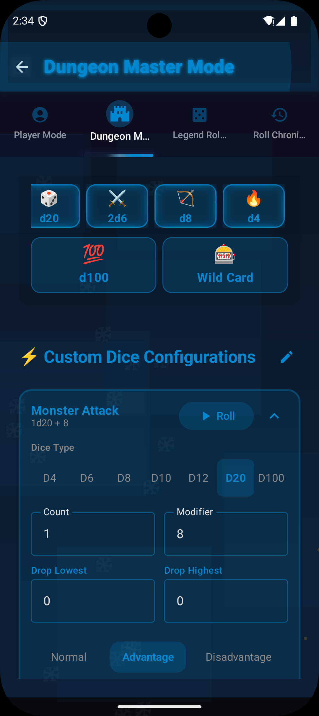 DM Mode — custom dice configurations