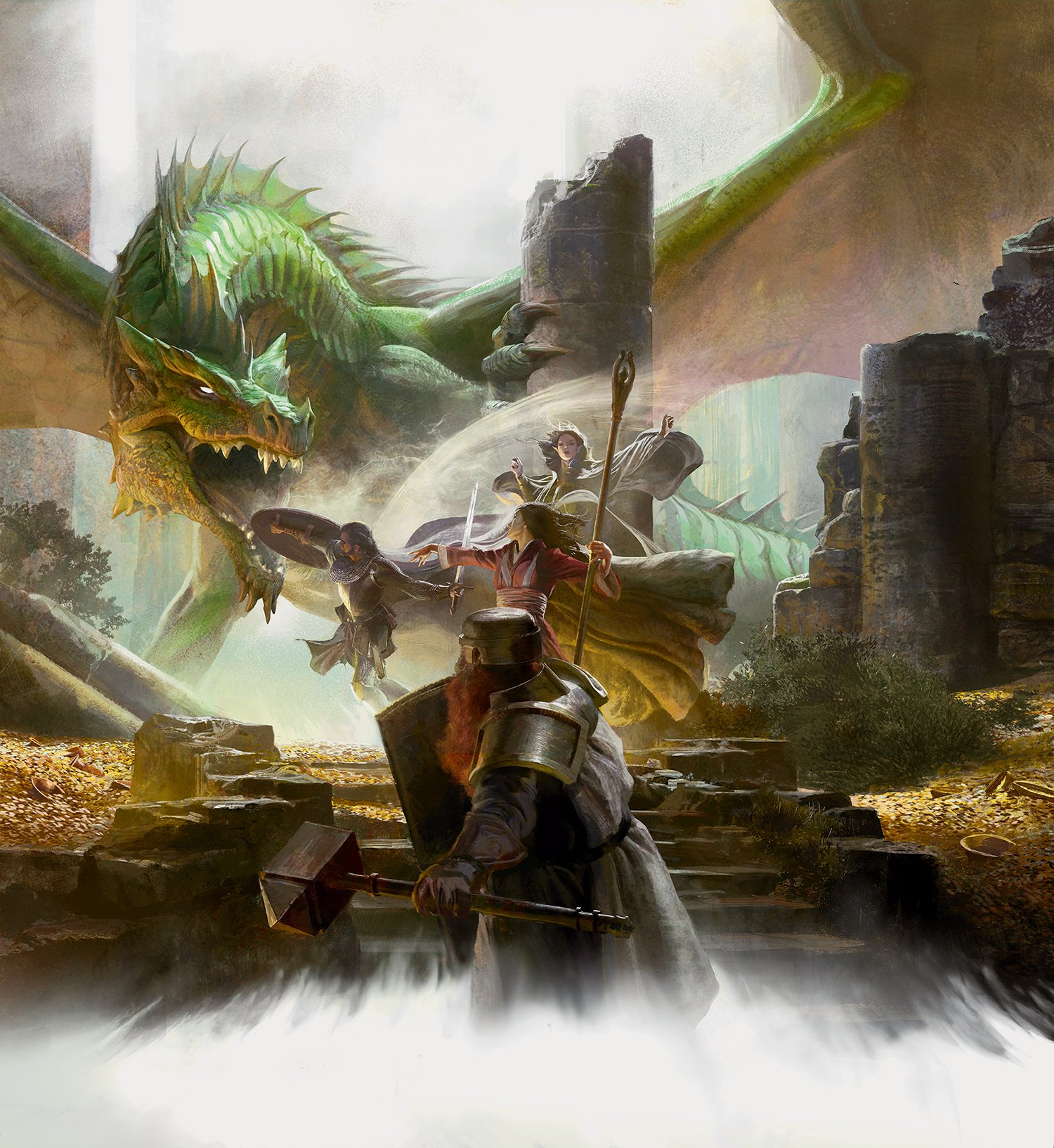 A party of adventurers — knight, rogue, and mage — facing a green dragon